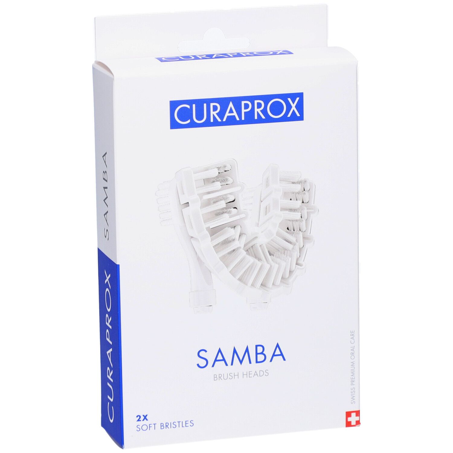 Verpackung mit Ersatzbürstenköpfen. Aufschrift: CURAPROX, SAMBA, 2x Soft Bristles.
