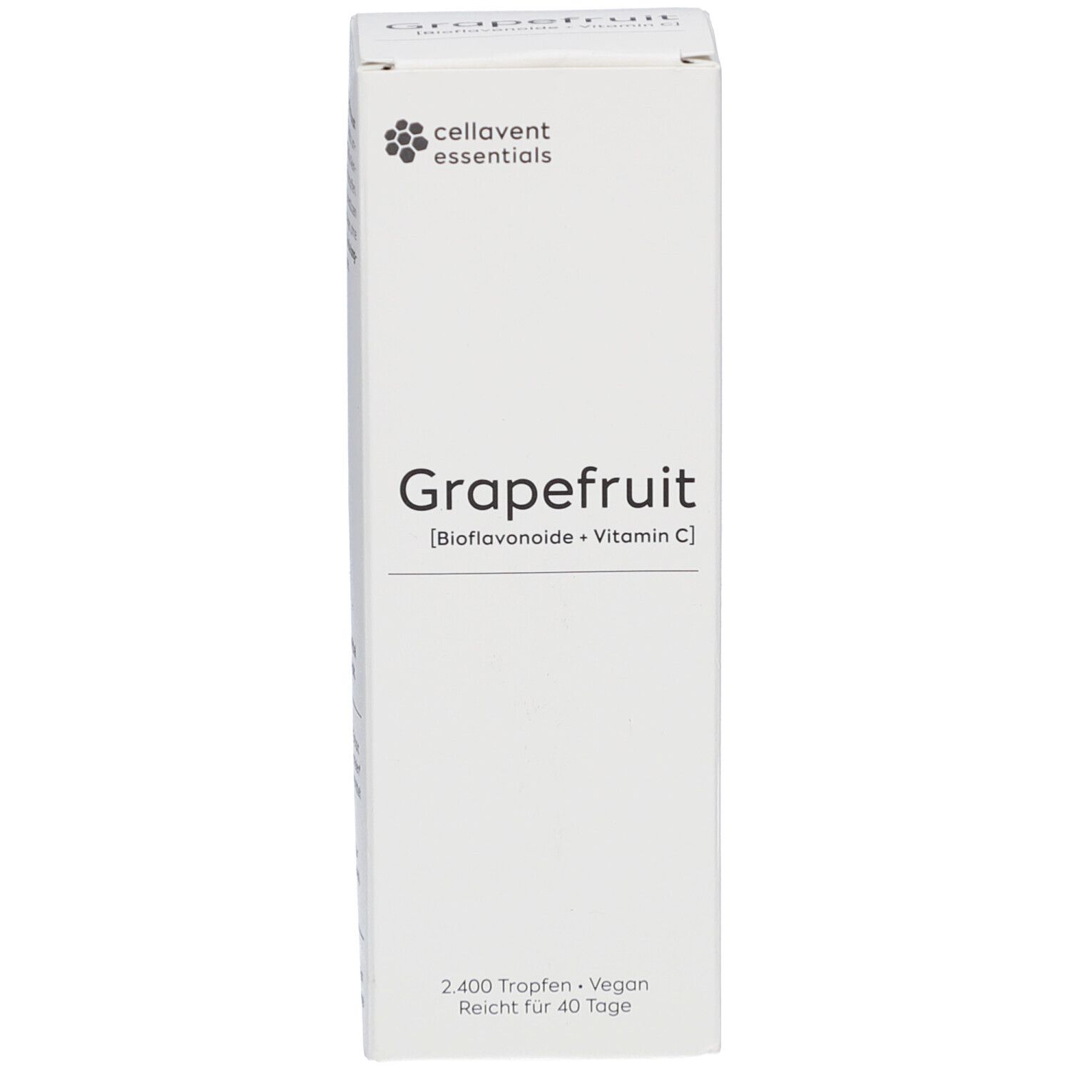 Karton mit Produktinformationen. Cellavent essentials Grapefruit. 2.400 Tropfen. Vegan. Reicht für 40 Tage.