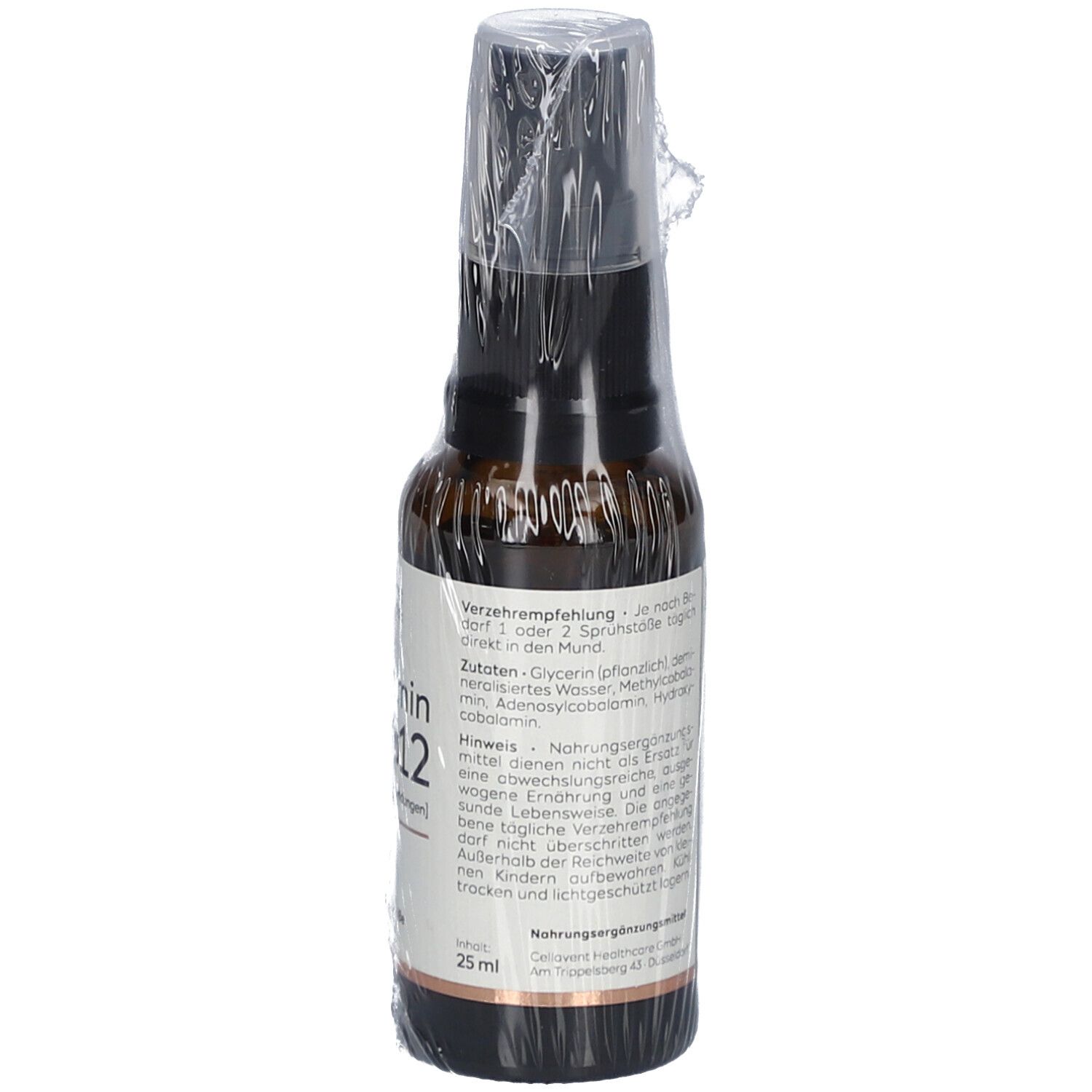 Braune Glasflasche mit Sprühkopf, CELLAVENT essentials Vitamin B12. Rückseite mit Anwendungshinweisen. Vegan.