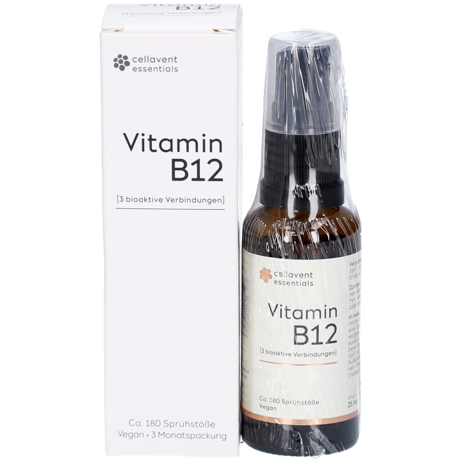CELLAVENT essentials Vitamin B12 Flasche und Verpackung. Weißer Karton mit Produktinformationen. Vegan.