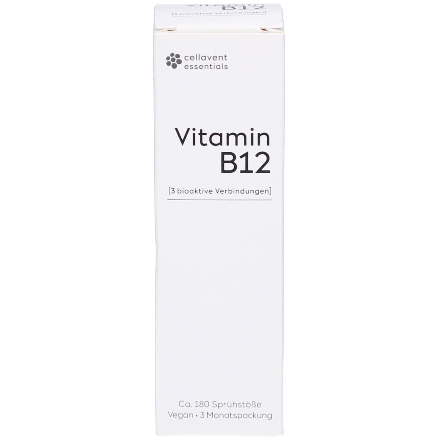 Weiße Verpackung für CELLAVENT essentials Vitamin B12. Produktname und Logo. Vegan. 3-Monatspackung.