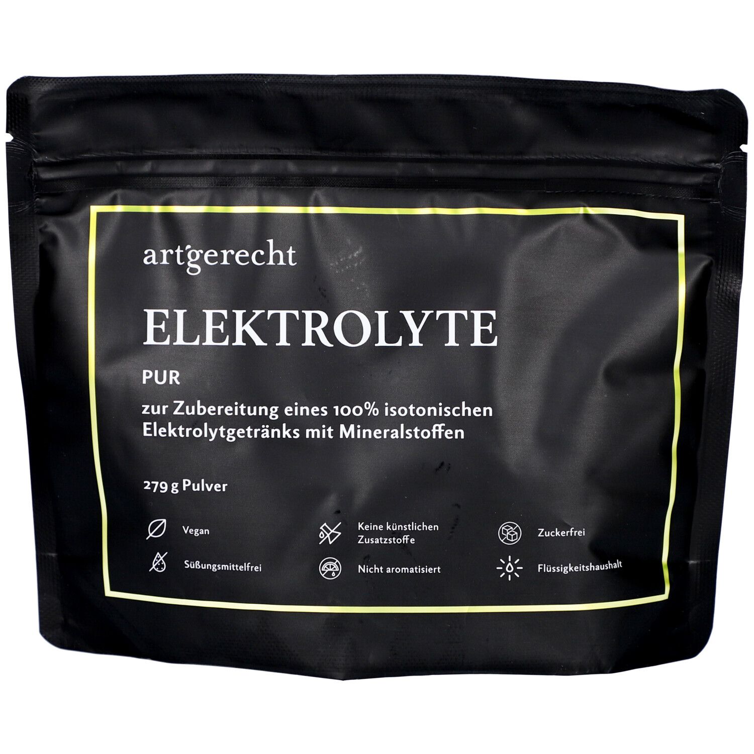 Sachet noir avec détails jaunes. Inscription: ELEKTROLYTE PUR. Informations sur les ingrédients et certifications.