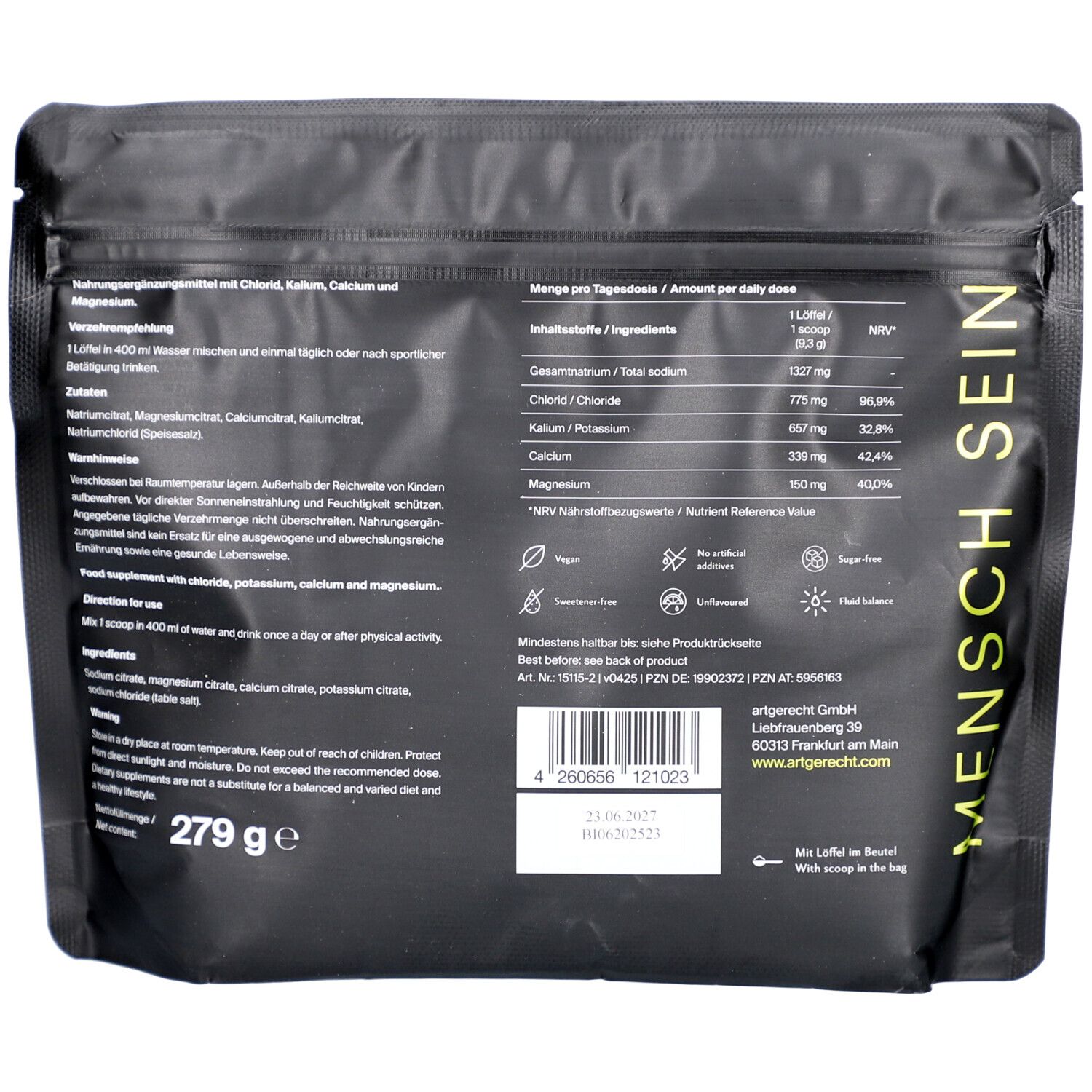 Dos du sachet noir. Contient des informations sur les ingrédients, les valeurs nutritionnelles et l'utilisation.