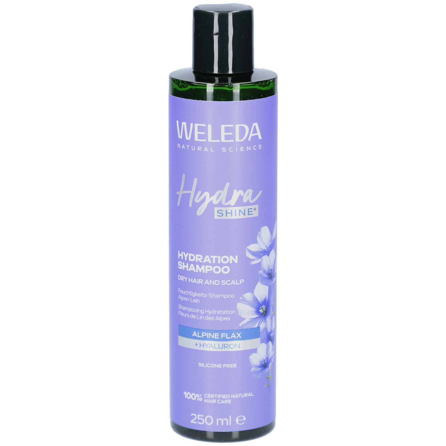 Flasche WELEDA HydraShine Shampoo. Lila Etikett mit Produktnamen, Blüten und Text. Schwarzer Deckel.