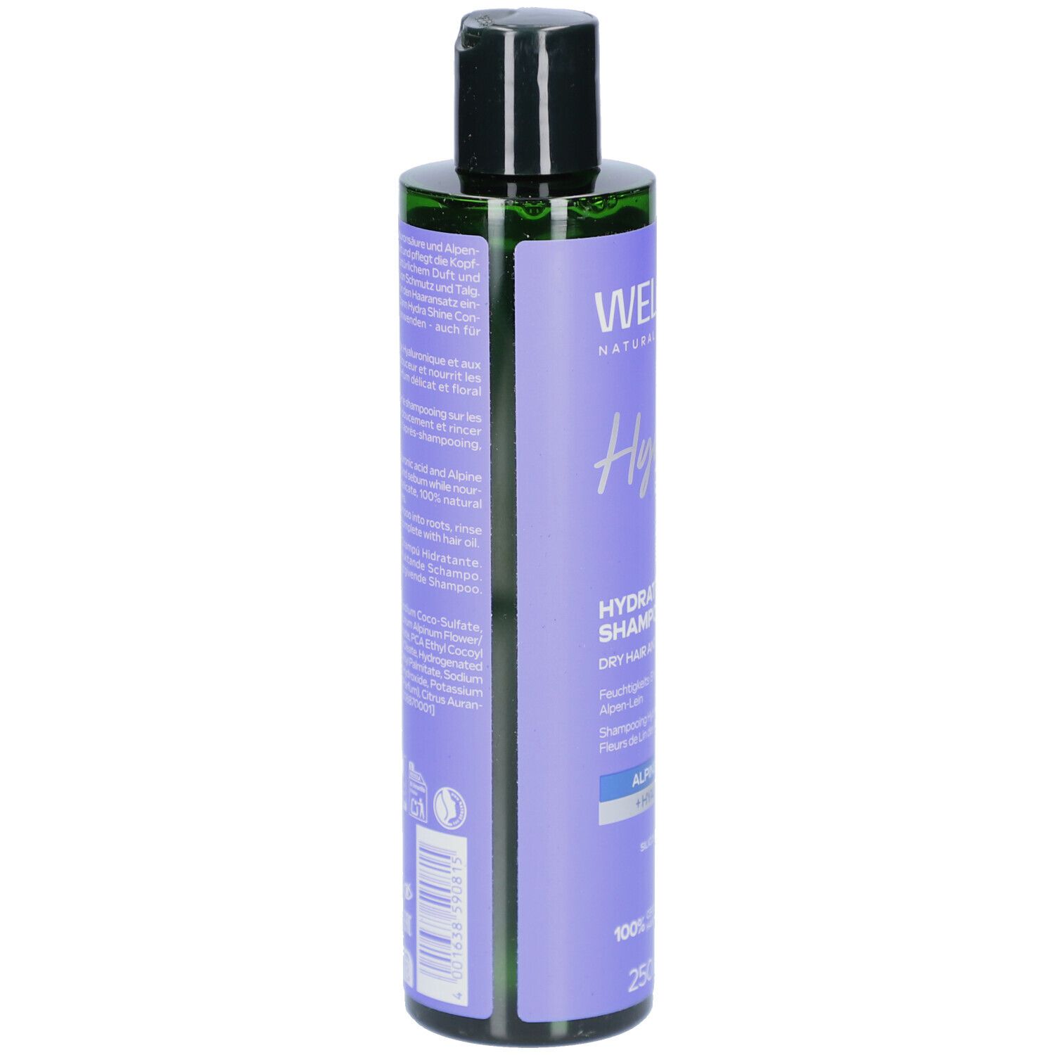Rückseite der Shampoo-Flasche WELEDA HydraShine. Text auf lila Etikett. Schwarzer Deckel.