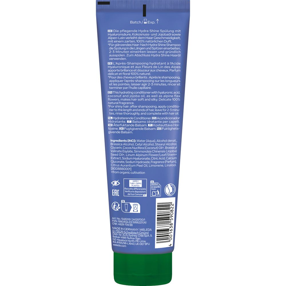 Dos du conditionneur Weleda Hydra Shine. Texte: ingrédients, instructions d'utilisation, certifications. Tube bleu avec bouchon vert.