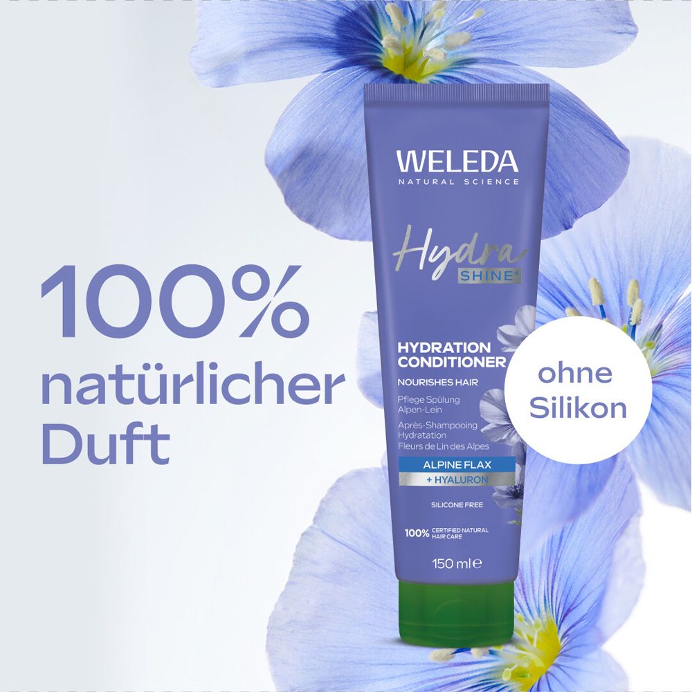 Conditionneur Weleda Hydra Shine avec fleurs et texte: 100% parfum naturel, sans silicone. Tube bleu avec bouchon vert.