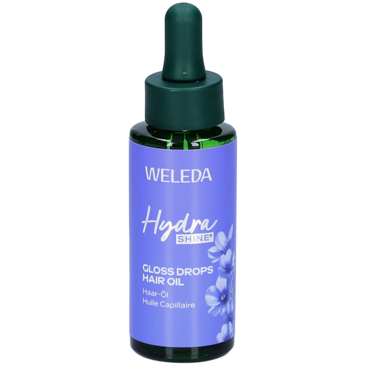 Glasflasche mit grünem Deckel und Pipette. Lila Etikett mit WELEDA, Hydra Shine, Gloss Drops Hair Oil.