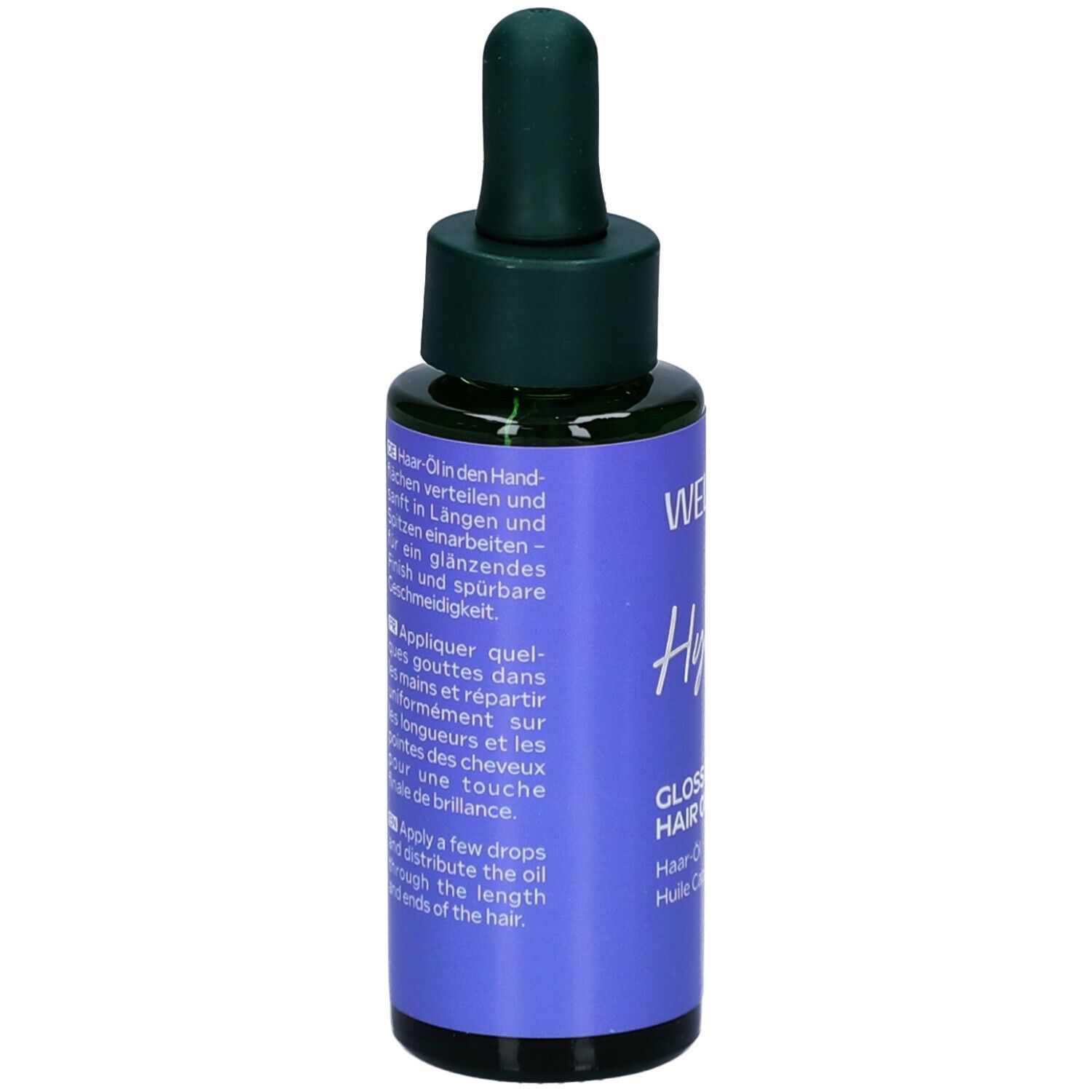 Glasflasche mit grünem Deckel und Pipette. Lila Etikett mit Text in mehreren Sprachen.