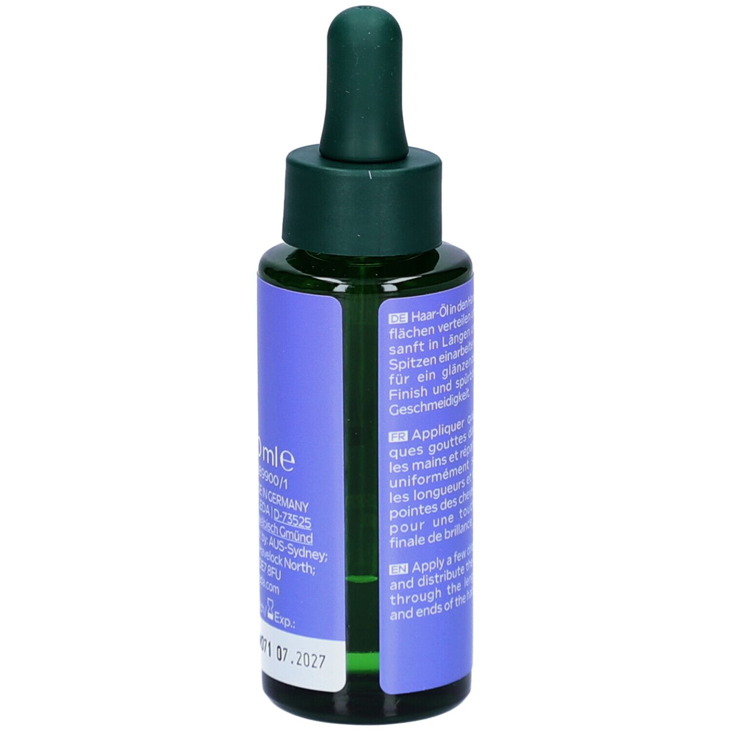 Glasflasche mit grünem Deckel und Pipette. Lila Etikett mit Text in mehreren Sprachen und Datum.