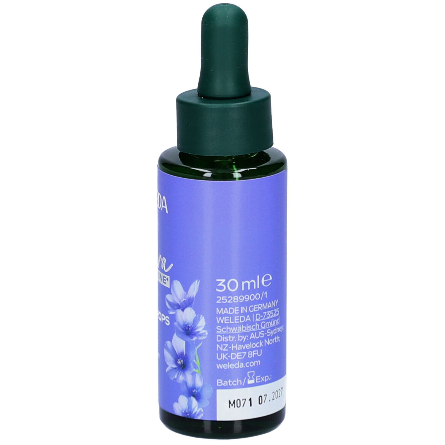 Glasflasche mit grünem Deckel und Pipette. Lila Etikett mit Text, 30 ml und Produktionsdaten.