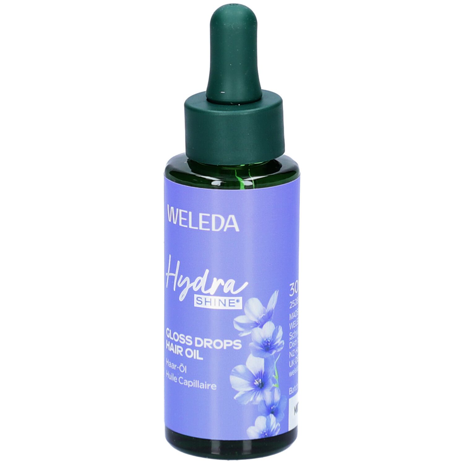 Glasflasche mit grünem Deckel und Pipette. Lila Etikett mit WELEDA, Hydra Shine, Gloss Drops Hair Oil.