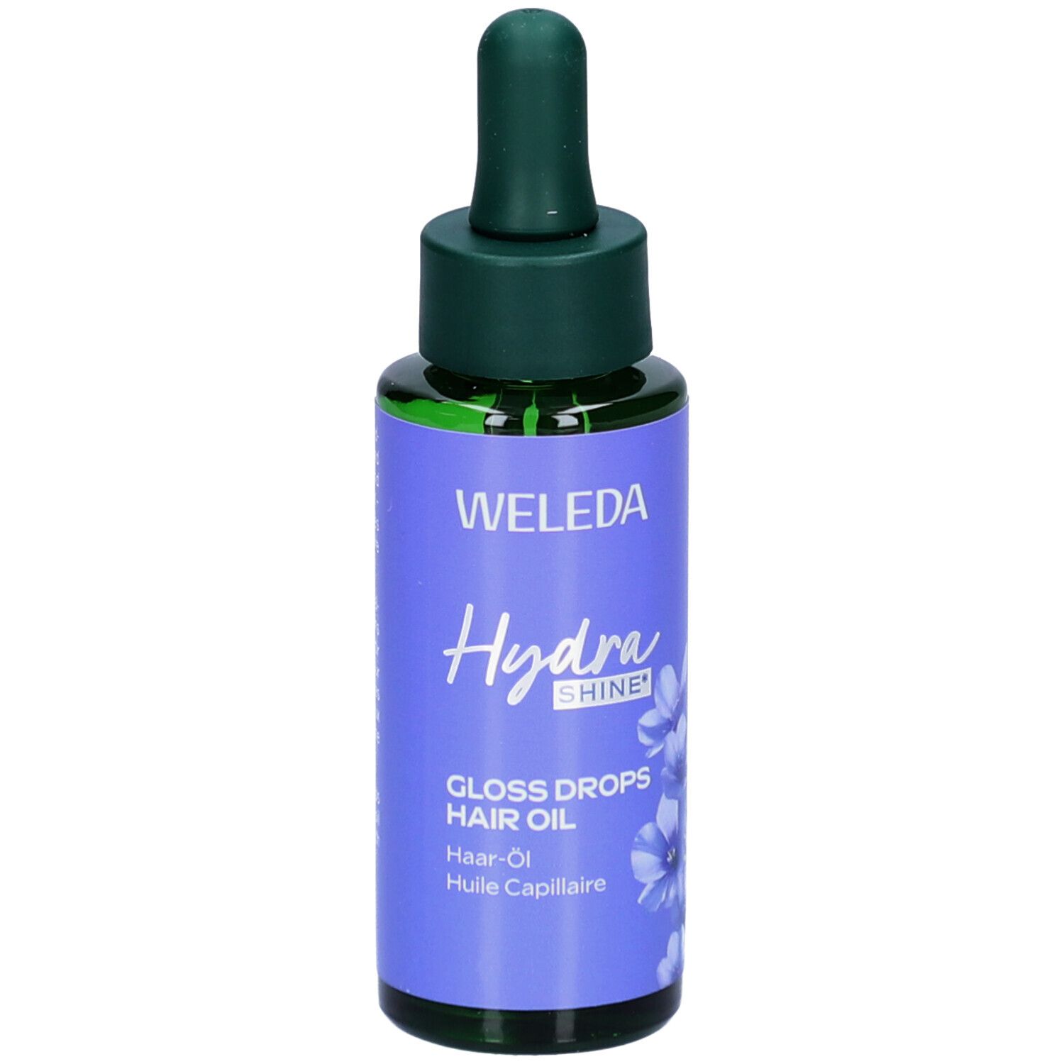 Glasflasche mit grünem Deckel und Pipette. Lila Etikett mit WELEDA, Hydra Shine, Gloss Drops Hair Oil.