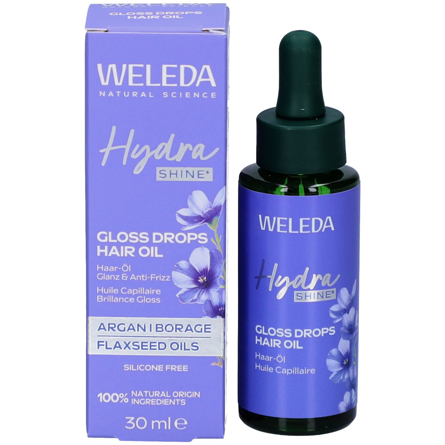 Produktflasche und Schachtel. Flasche mit grünem Deckel, lila Etikett. Schachtel mit Text und Logo.