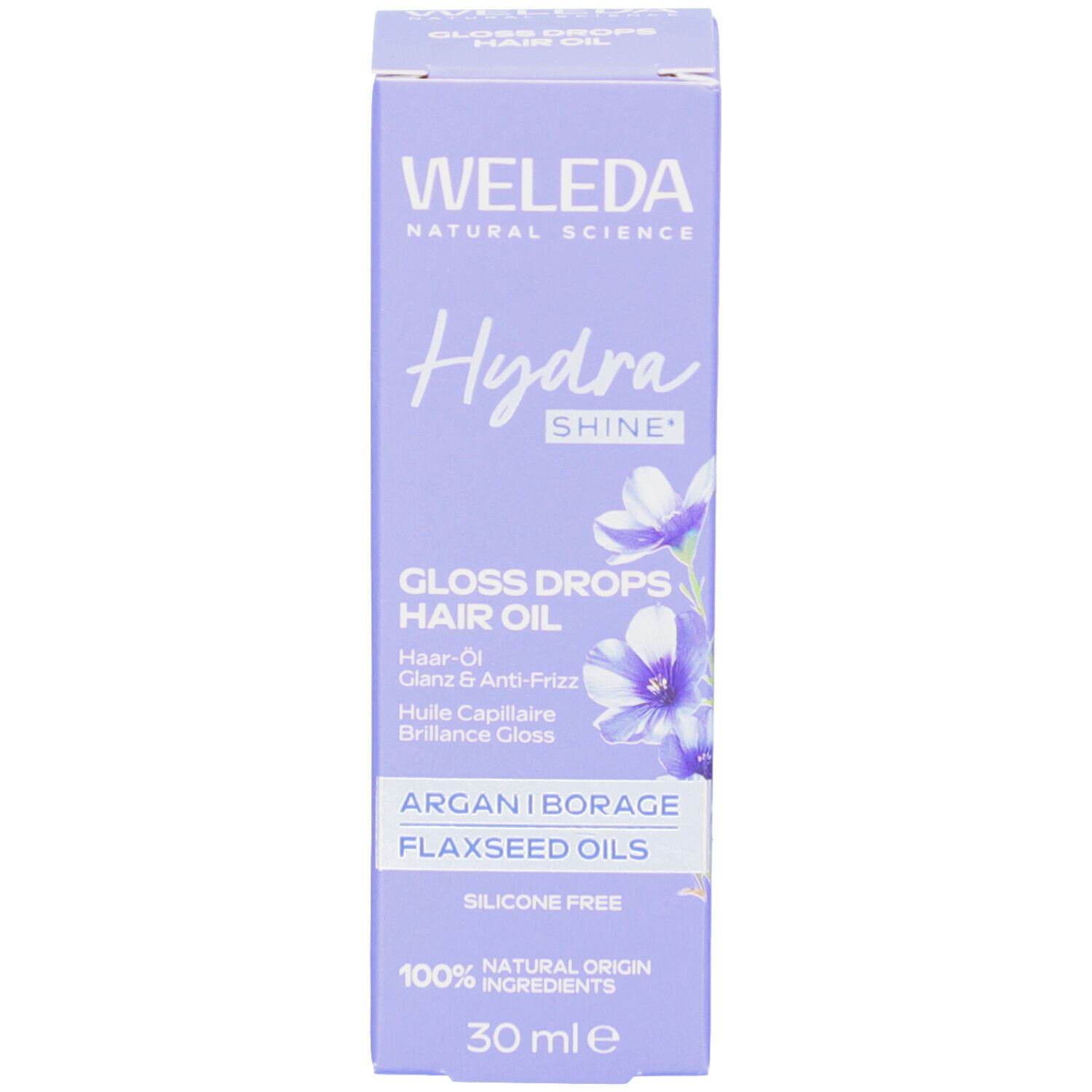 Produktverpackung. Lila Schachtel mit Text, Logo und Produktnamen.