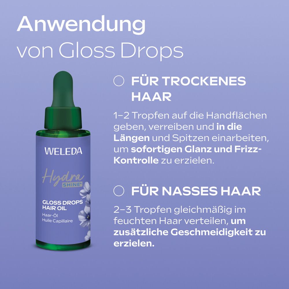Anwendung von Gloss Drops. Für trockenes und nasses Haar. Anwendungshinweise auf lila Hintergrund.