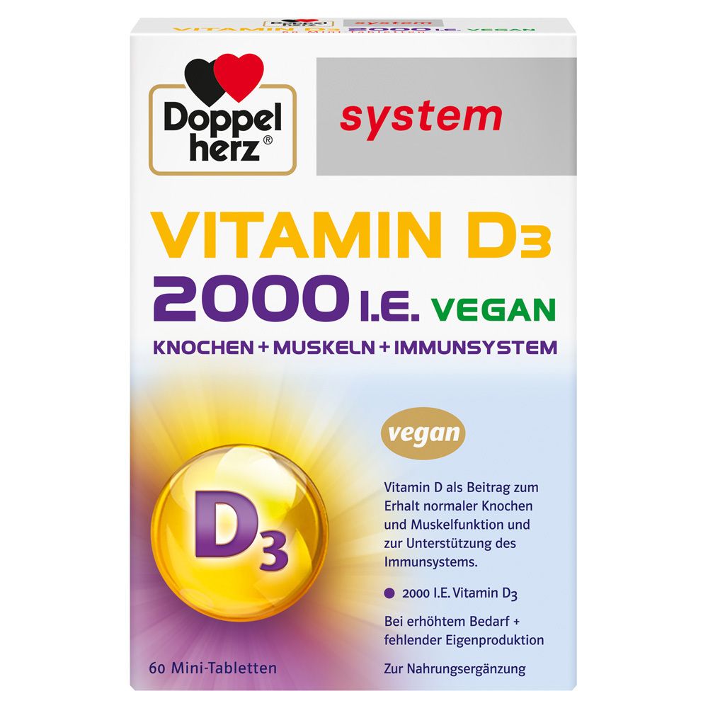 Boîte de Doppelherz system Vitamine D3 2000 I.E. Vegan. Contient 60 mini-comprimés. Label vegan.