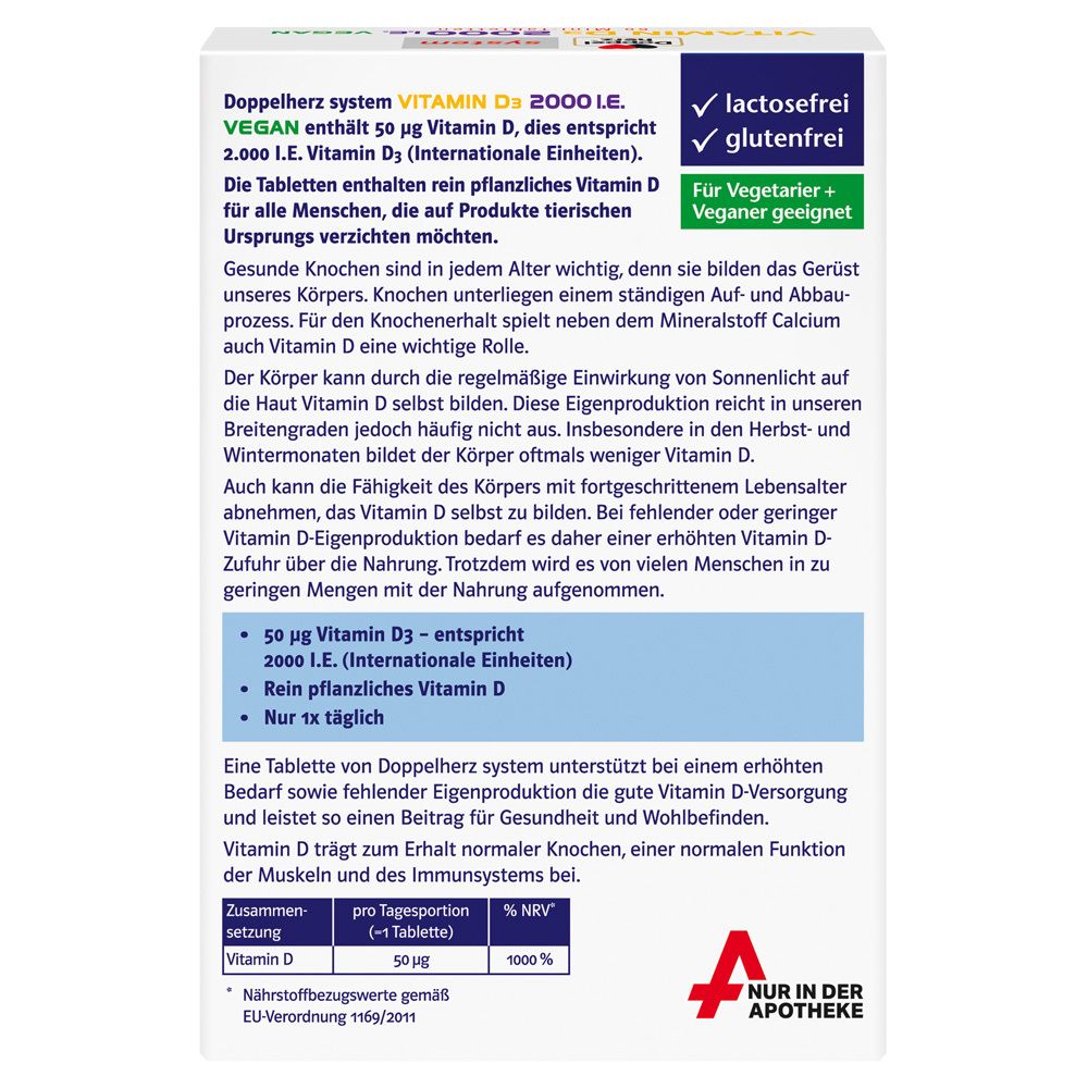 Dos de l'emballage Doppelherz system Vitamine D3 2000 I.E. Vegan. Informations textuelles et logos.