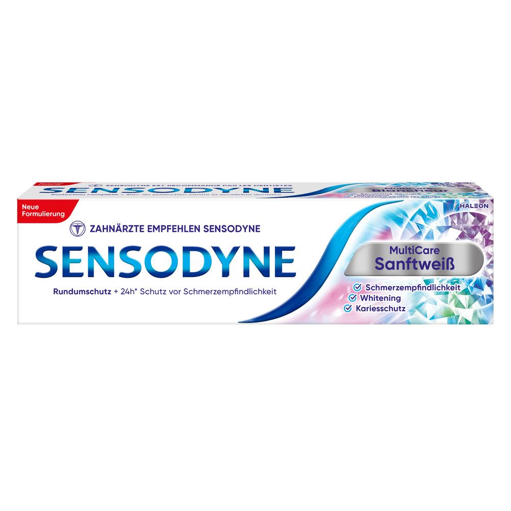 Tube de dentifrice Sensodyne MultiCare Sanftweiß. Emballage bleu et blanc. Texte : Sensodyne, MultiCare Sanftweiß.