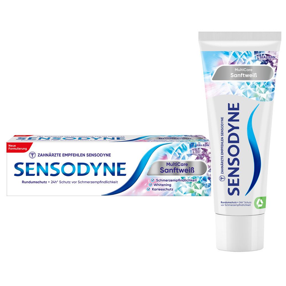 Tube et emballage de dentifrice Sensodyne MultiCare Sanftweiß. Blanc et bleu. Texte : Sensodyne, MultiCare Sanftweiß.