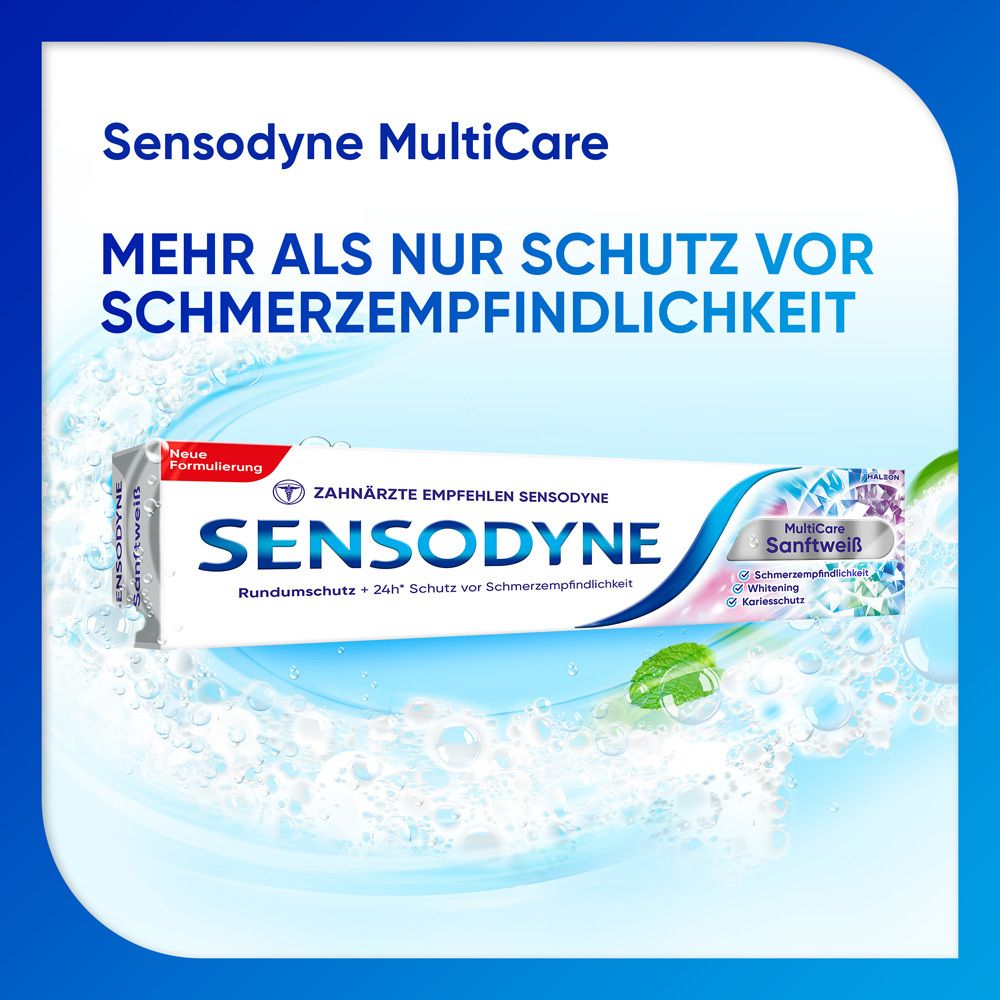 Tube de dentifrice Sensodyne MultiCare. Fond d'eau. Texte : Sensodyne, MultiCare Sanftweiß.