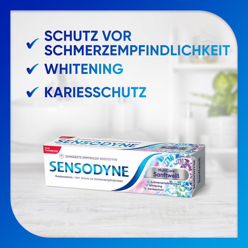Emballage de dentifrice Sensodyne MultiCare Sanftweiß. Texte : Sensodyne, protection contre la sensibilité, blanchiment, protection contre les caries.