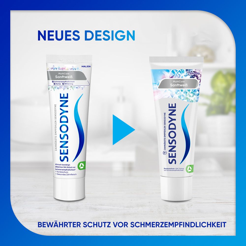 Tubes de dentifrice Sensodyne. Comparaison de l'ancien et du nouveau design. Texte : Protection éprouvée contre la sensibilité.