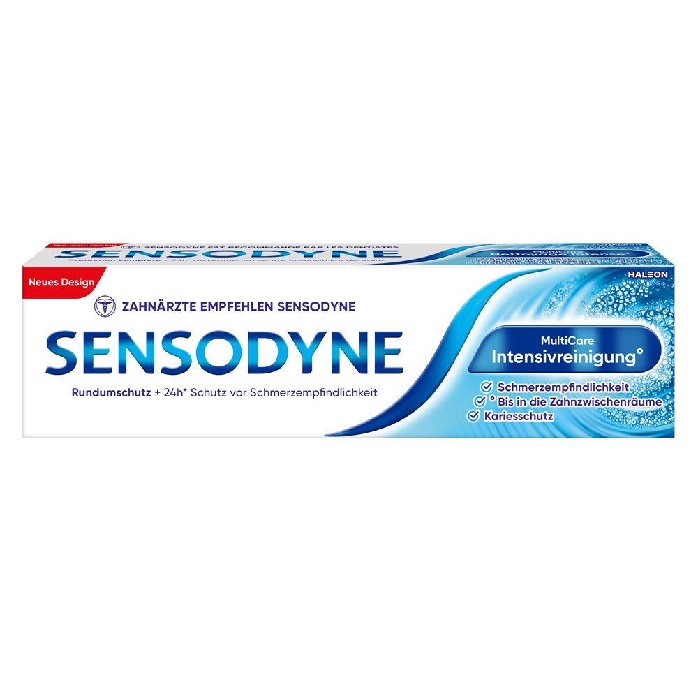 Tube et emballage de dentifrice Sensodyne MultiCare Intensivreinigung. Couleurs bleu et blanc.