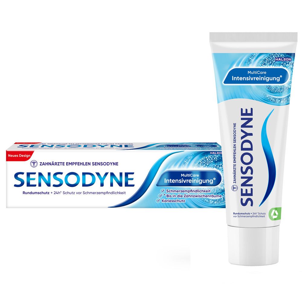 Tube et emballage de dentifrice Sensodyne MultiCare Intensivreinigung. Produit à côté de l'emballage.
