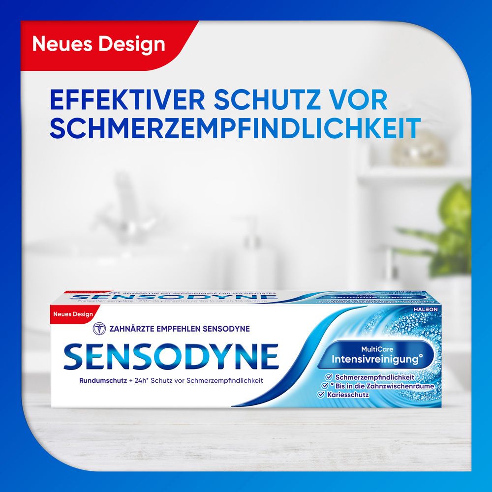 Emballage Sensodyne MultiCare Intensivreinigung. Texte : Protection efficace contre la sensibilité.