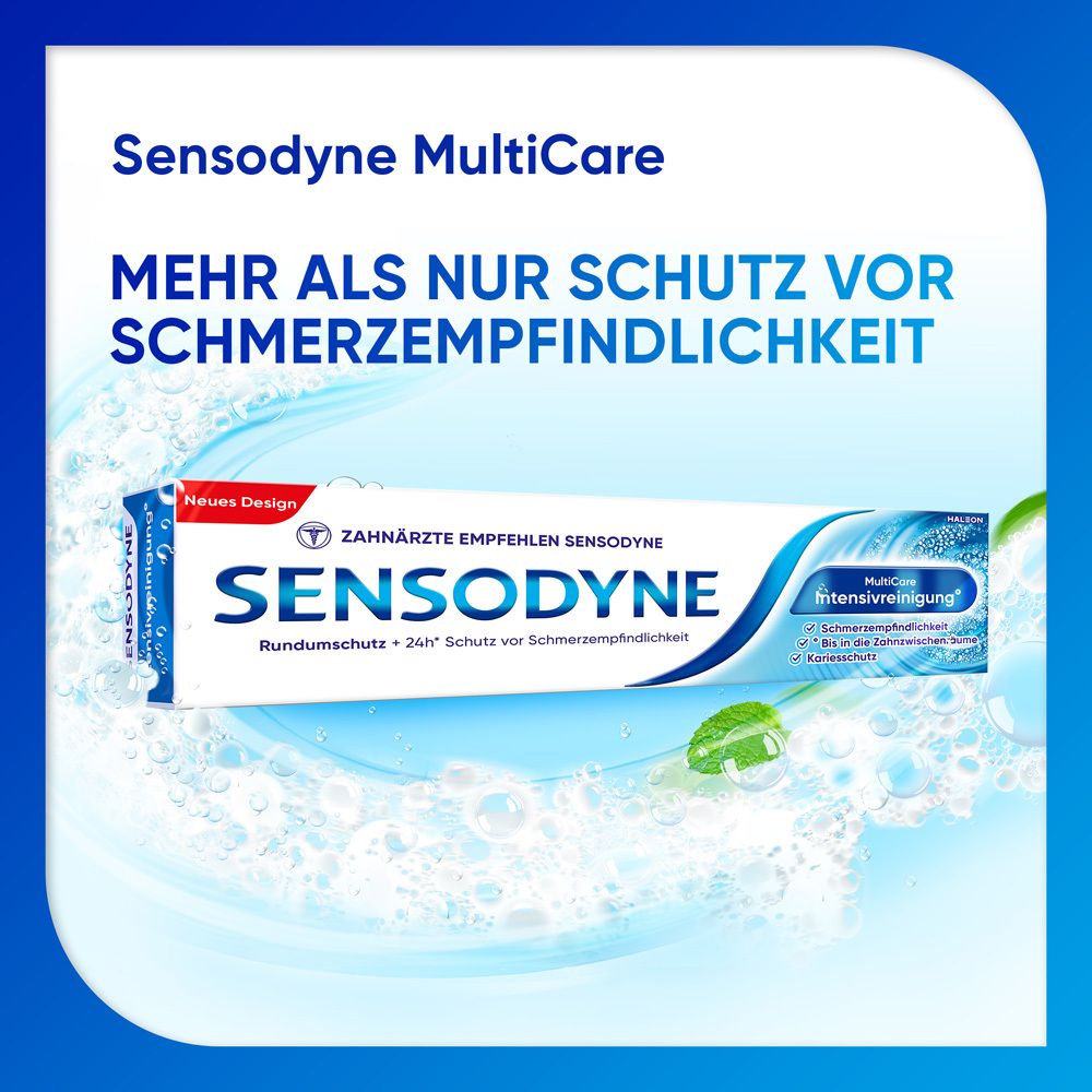 Emballage Sensodyne MultiCare. Texte : Plus qu'une simple protection contre la sensibilité.