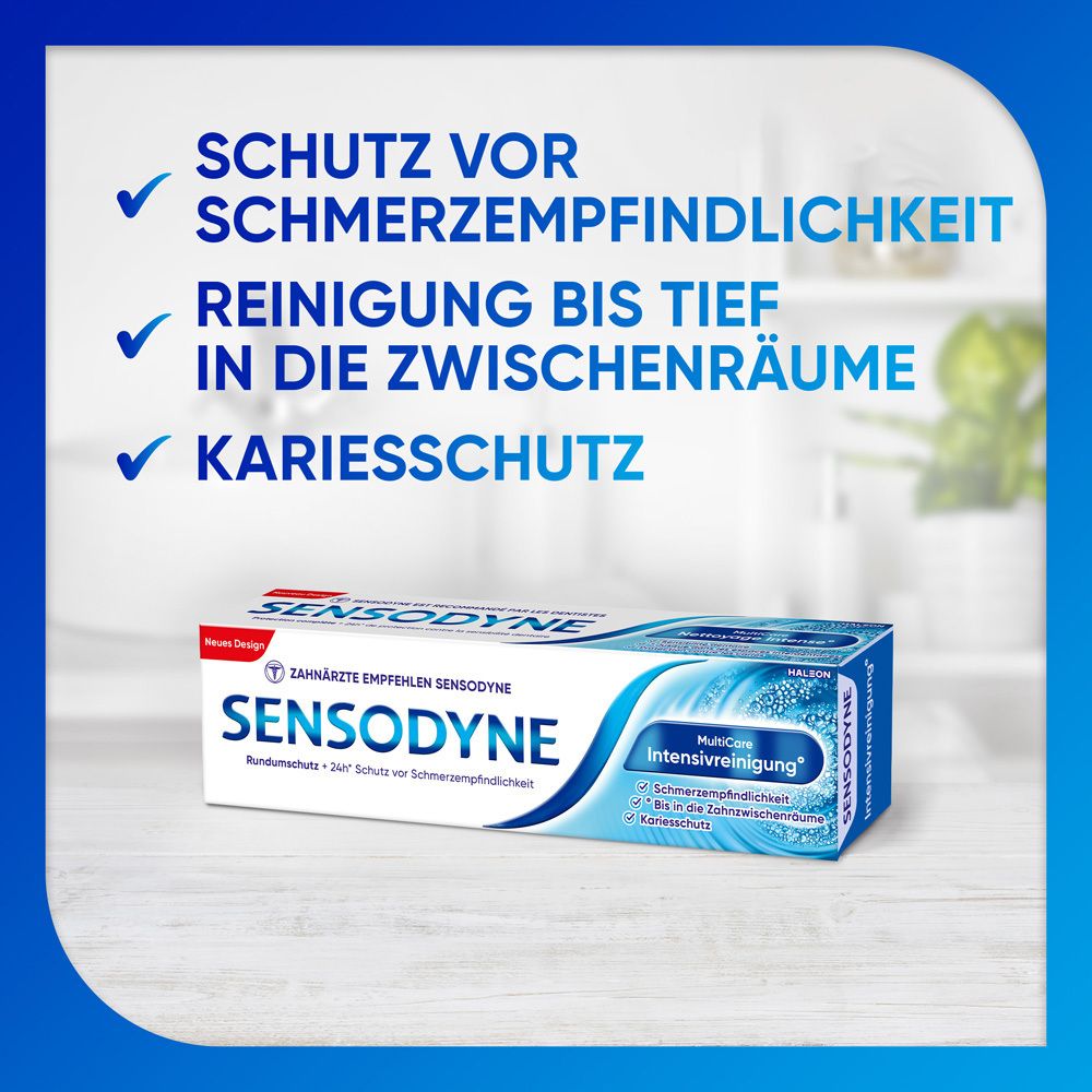 Emballage Sensodyne MultiCare Intensivreinigung. Texte : Protection, nettoyage, protection contre les caries.