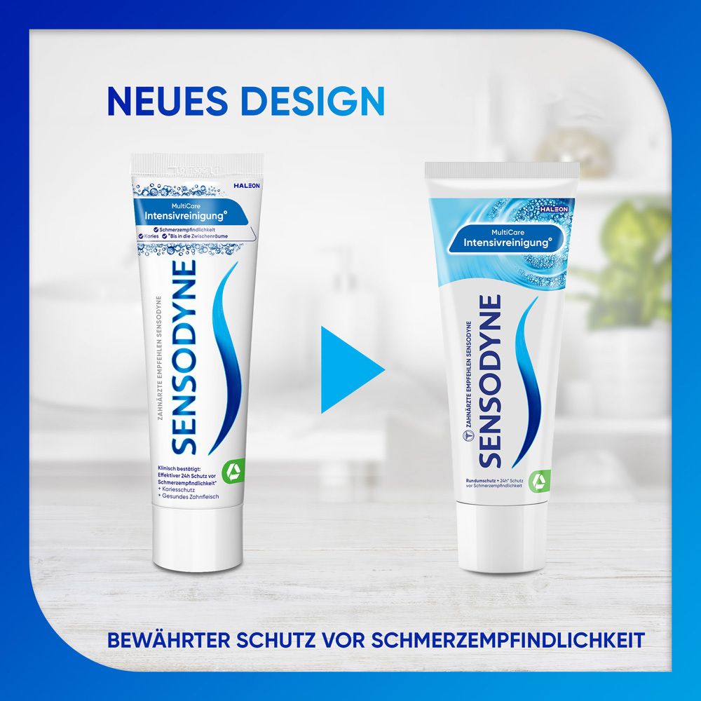 Tubes de dentifrice. Gauche : Nouveau design. Droite : Protection éprouvée contre la sensibilité.