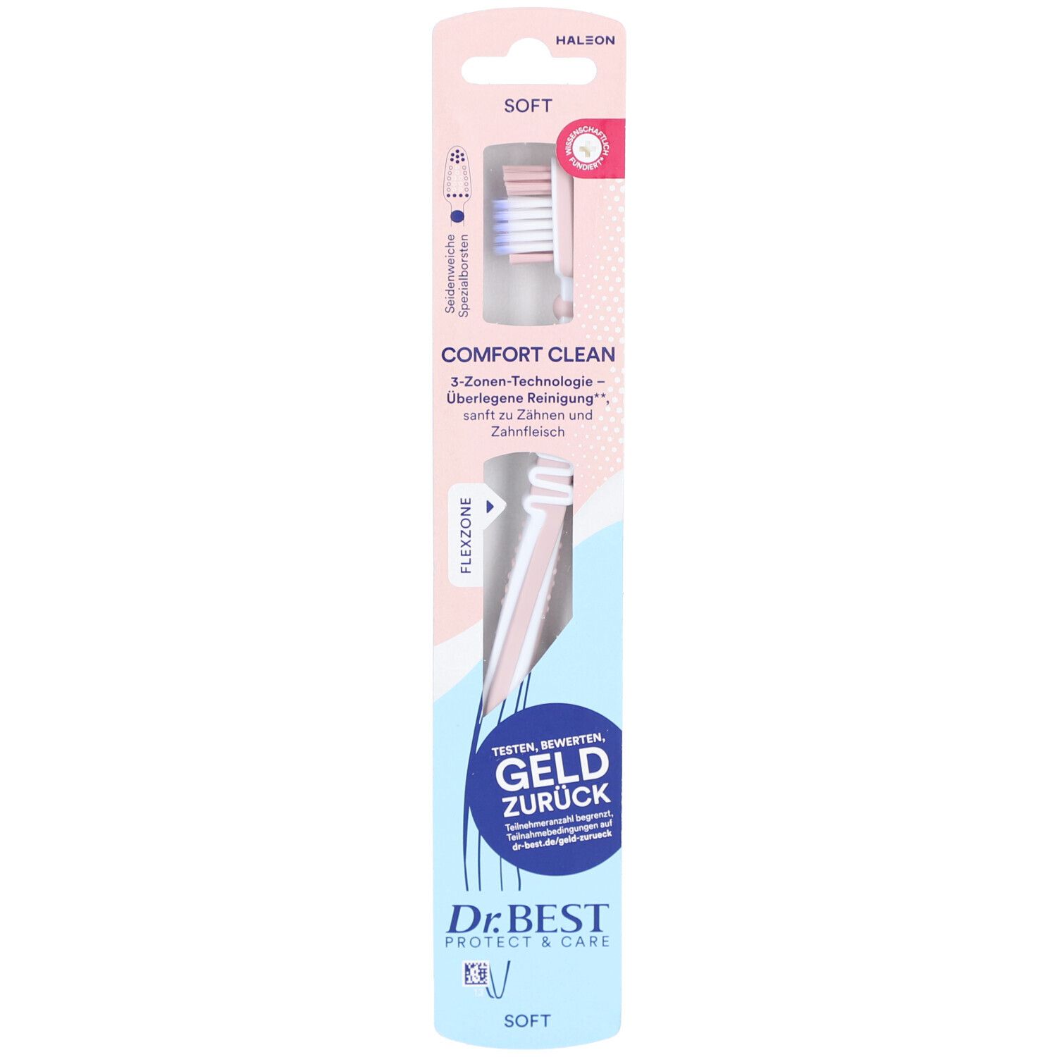 Brosse à dents dans son emballage. Tête rose et blanche, zone flexible. Texte: Comfort Clean, 3-zones, Dr.BEST.