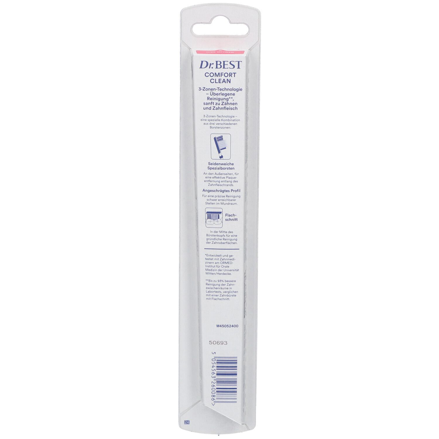 Dos de l'emballage de la brosse à dents. Texte: Comfort Clean, 3 zones, Dr.BEST. Code-barres.