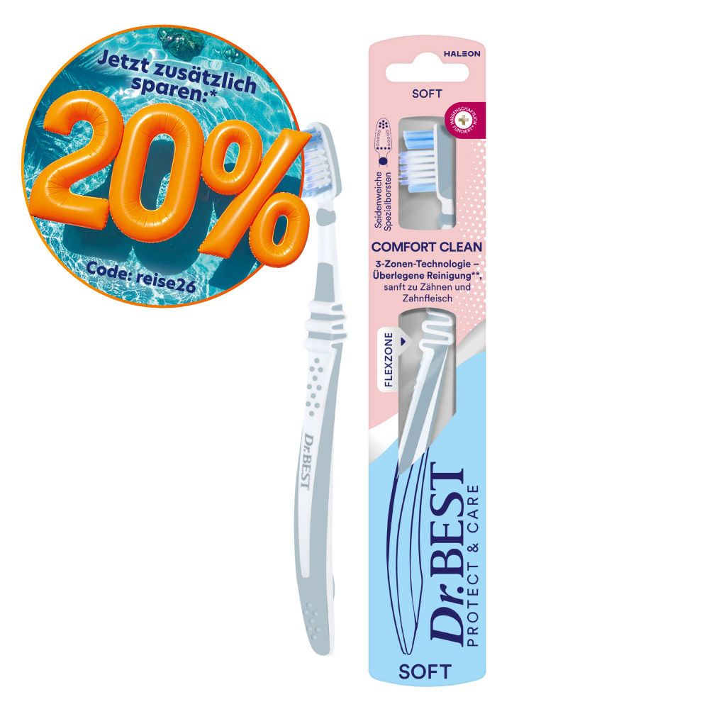 Brosse à dents Dr.BEST Comfort Clean Soft, technologie 3 zones, Flexzone. Emballage avec autocollant 20% d'économie.
