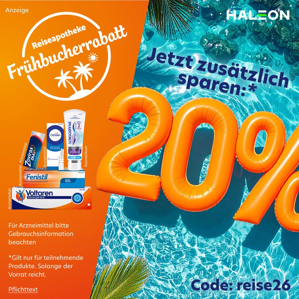 Publicité avec pharmacie de voyage, réduction pour réservation anticipée et offre d'économie de 20% sur fond d'eau.