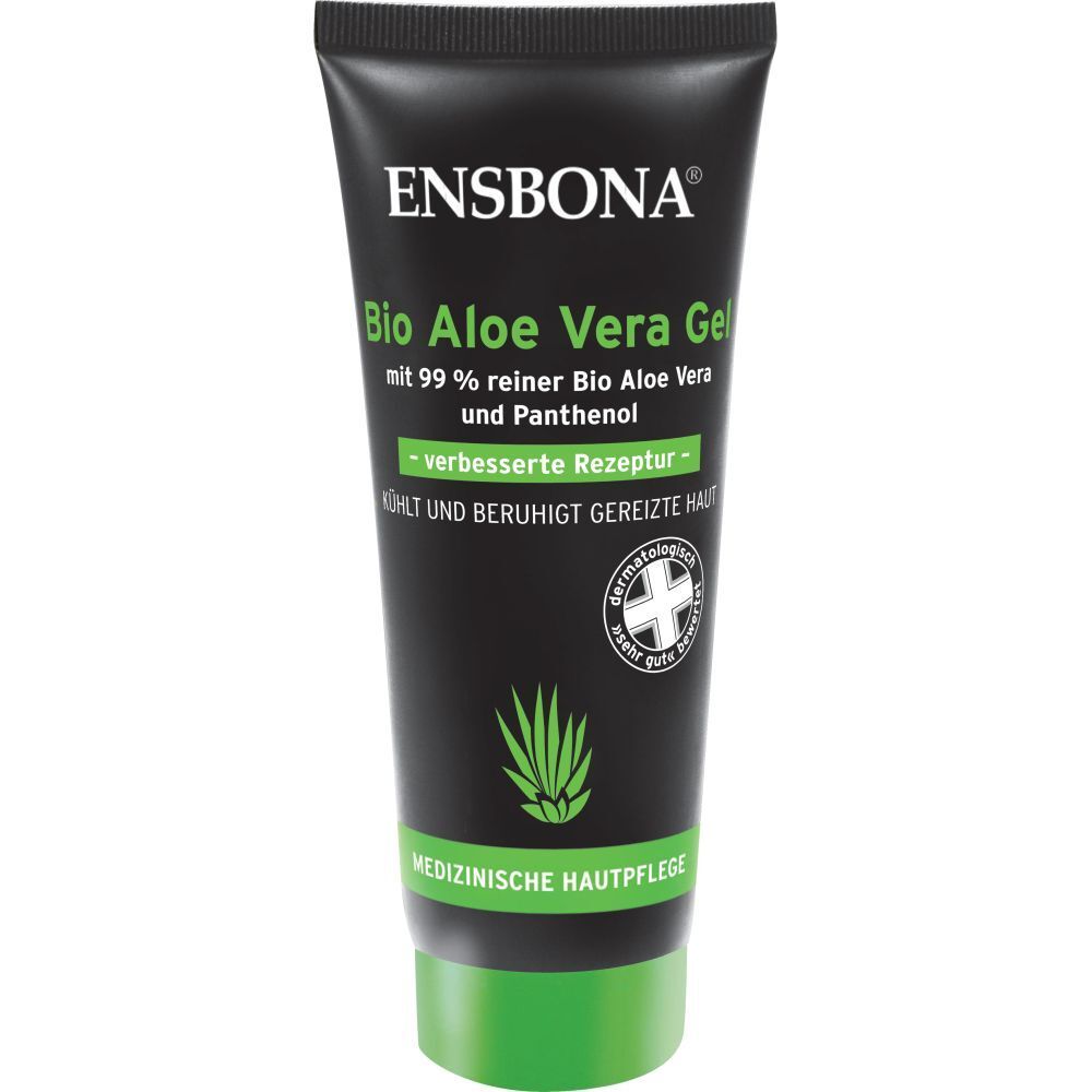 Ensbona Bio Aloe Vera Gel Tube mit Aloe-Pflanze und dermatologischem Siegel.