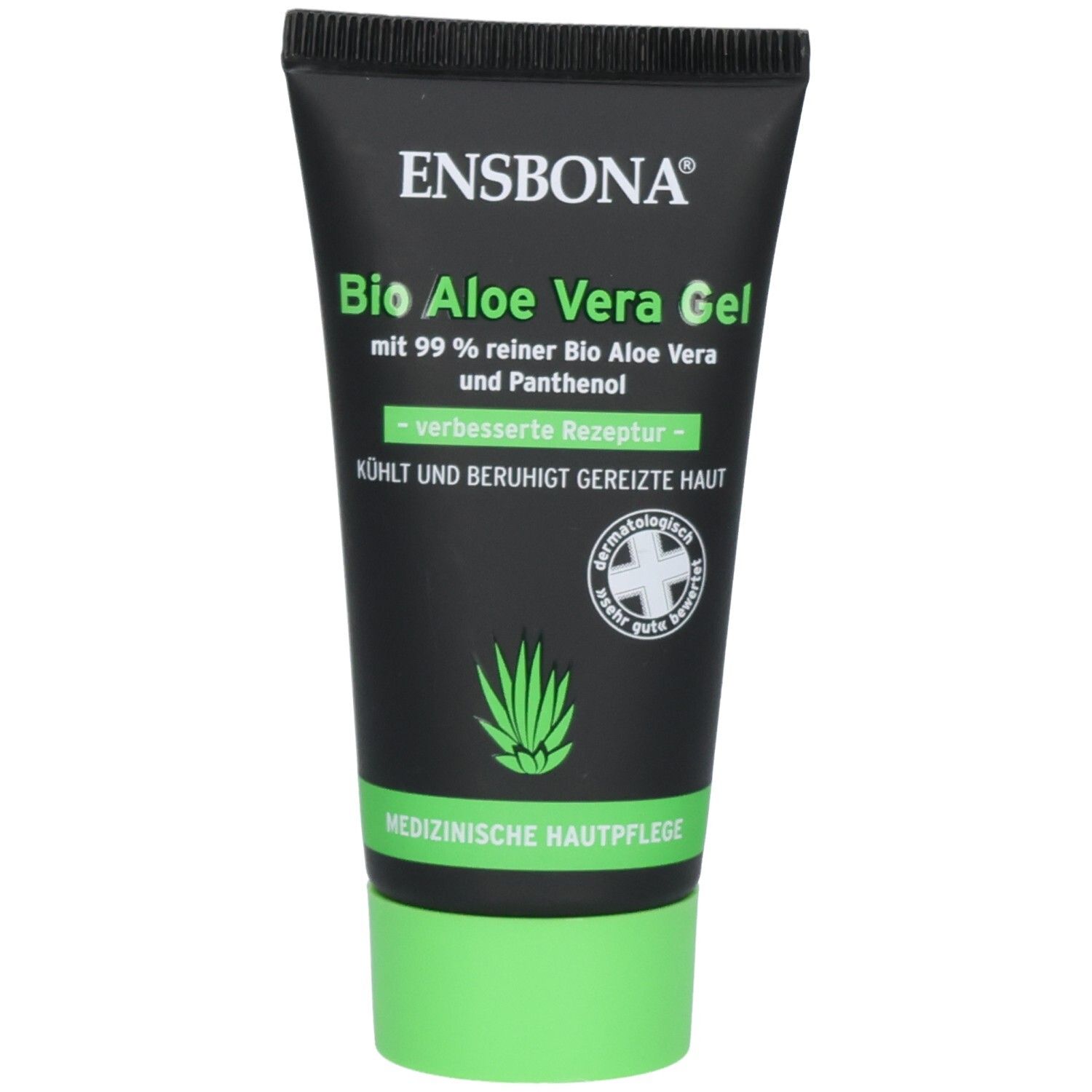 Tube noire de gel Ensbona® Bio Aloe Vera. Bouchon et texte verts. Contient 99% d'aloe vera bio. Testé dermatologiquement.