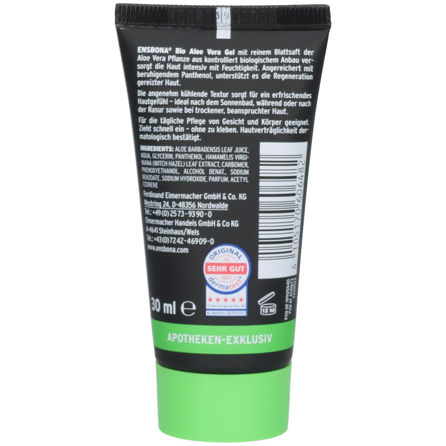 Dos du tube de gel Ensbona® Bio Aloe Vera. Texte, ingrédients, informations fabricant. Bouchon vert. Exclusif pharmacie.