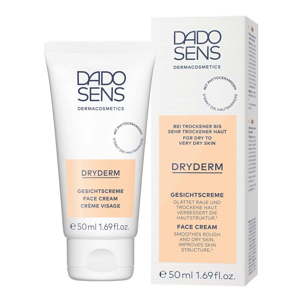 Tube et emballage de crème pour le visage DADOSENS DRYDERM. Texte : DRYDERM, Gesichtscreme, Face Cream, Crème Visage. Avec phytocéramides.