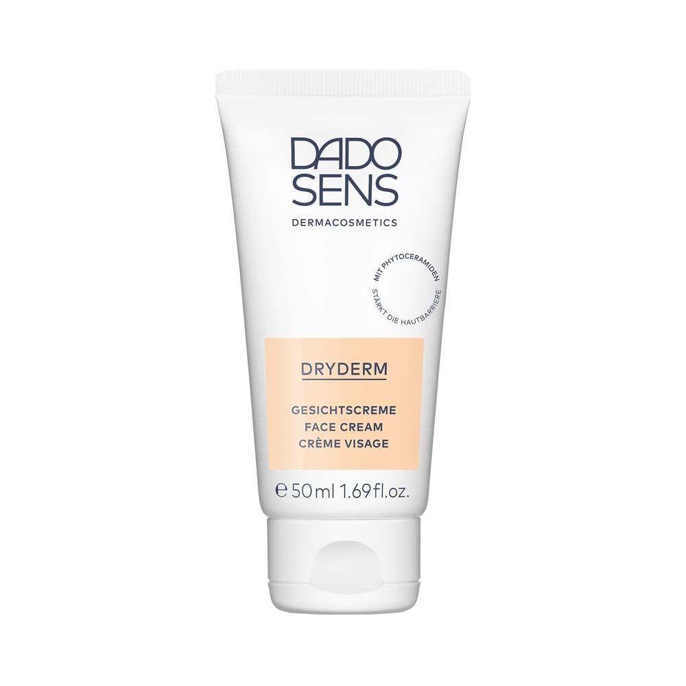 Tube de crème pour le visage DADOSENS DRYDERM. Texte : DRYDERM, Gesichtscreme, Face Cream, Crème Visage. Avec phytocéramides.