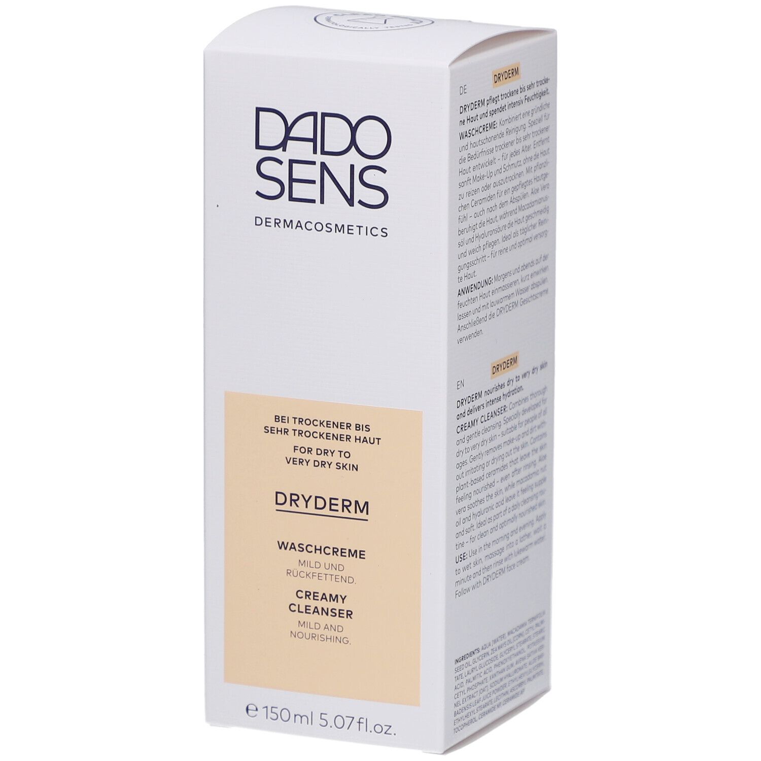 Boîte blanche avec logo DADOSENS et inscription DRYDERM. Texte: Pour peaux sèches à très sèches. 150ml.