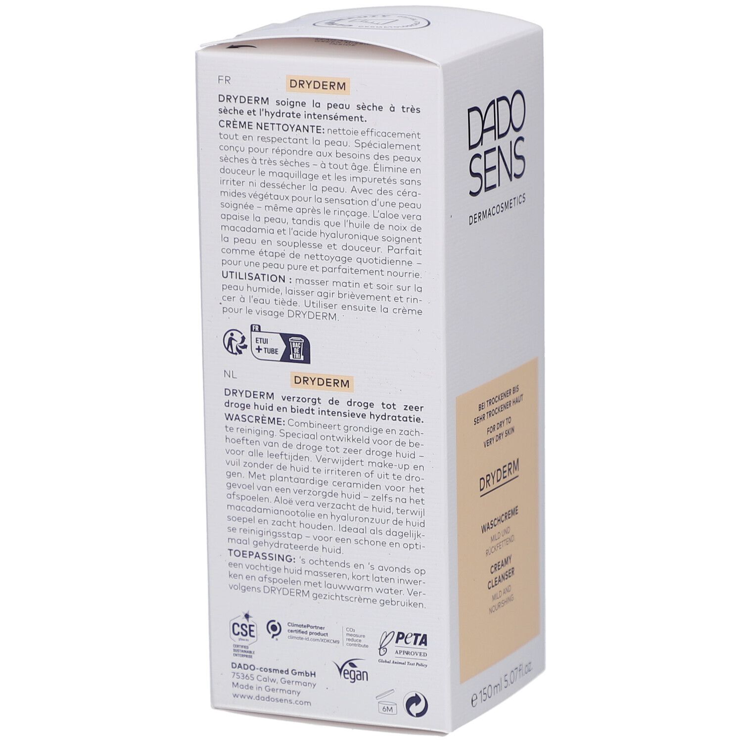Dos de l'emballage DRYDERM blanc. Textes en allemand, anglais, français et néerlandais. Label Vegan.