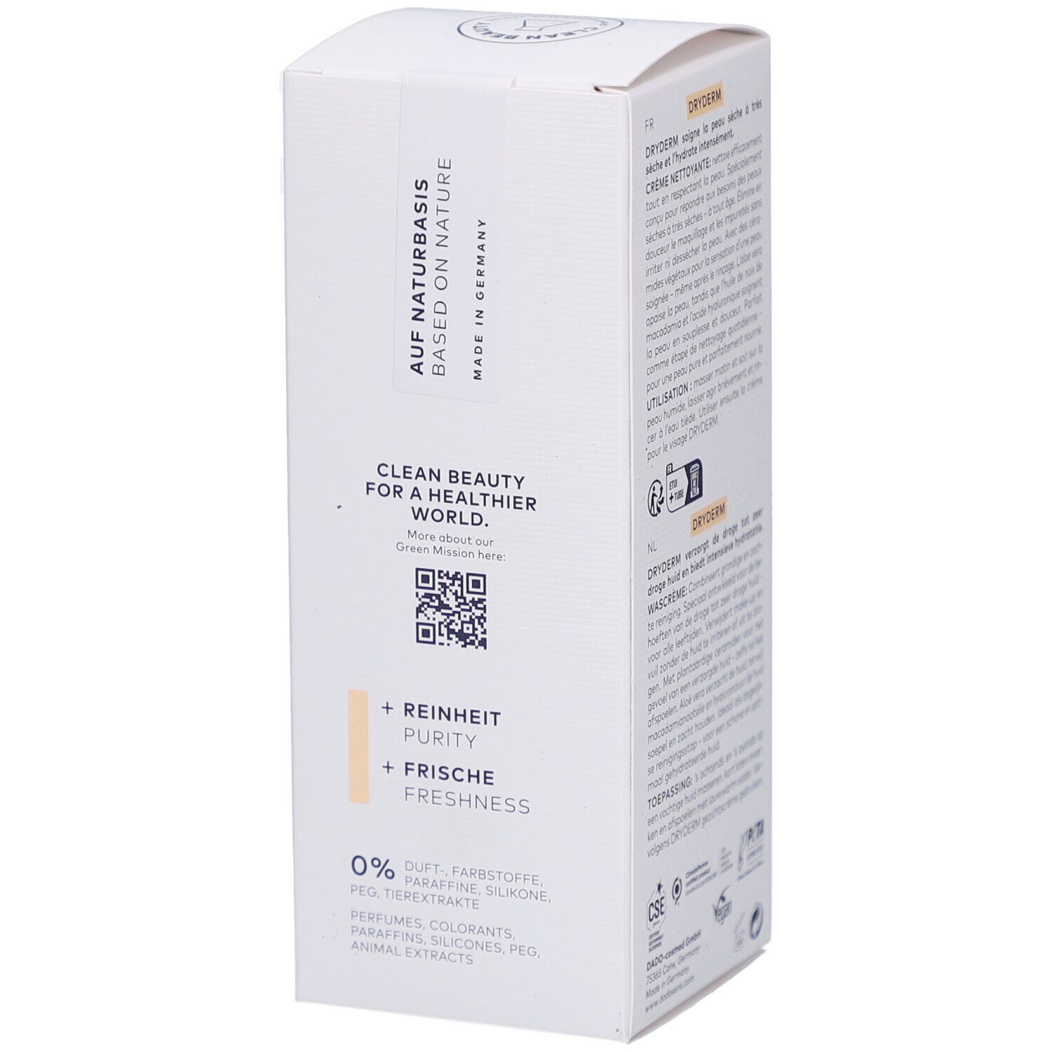 Emballage blanc avec inscription: Sur base naturelle. Code QR et texte: Beauté propre pour un monde plus sain.