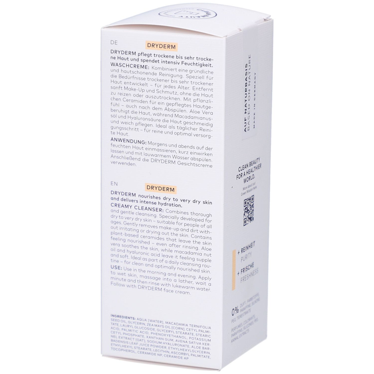 Emballage blanc avec textes en allemand et anglais. DRYDERM Crème lavante. 0% parfums, colorants, huiles de paraffine, silicones.