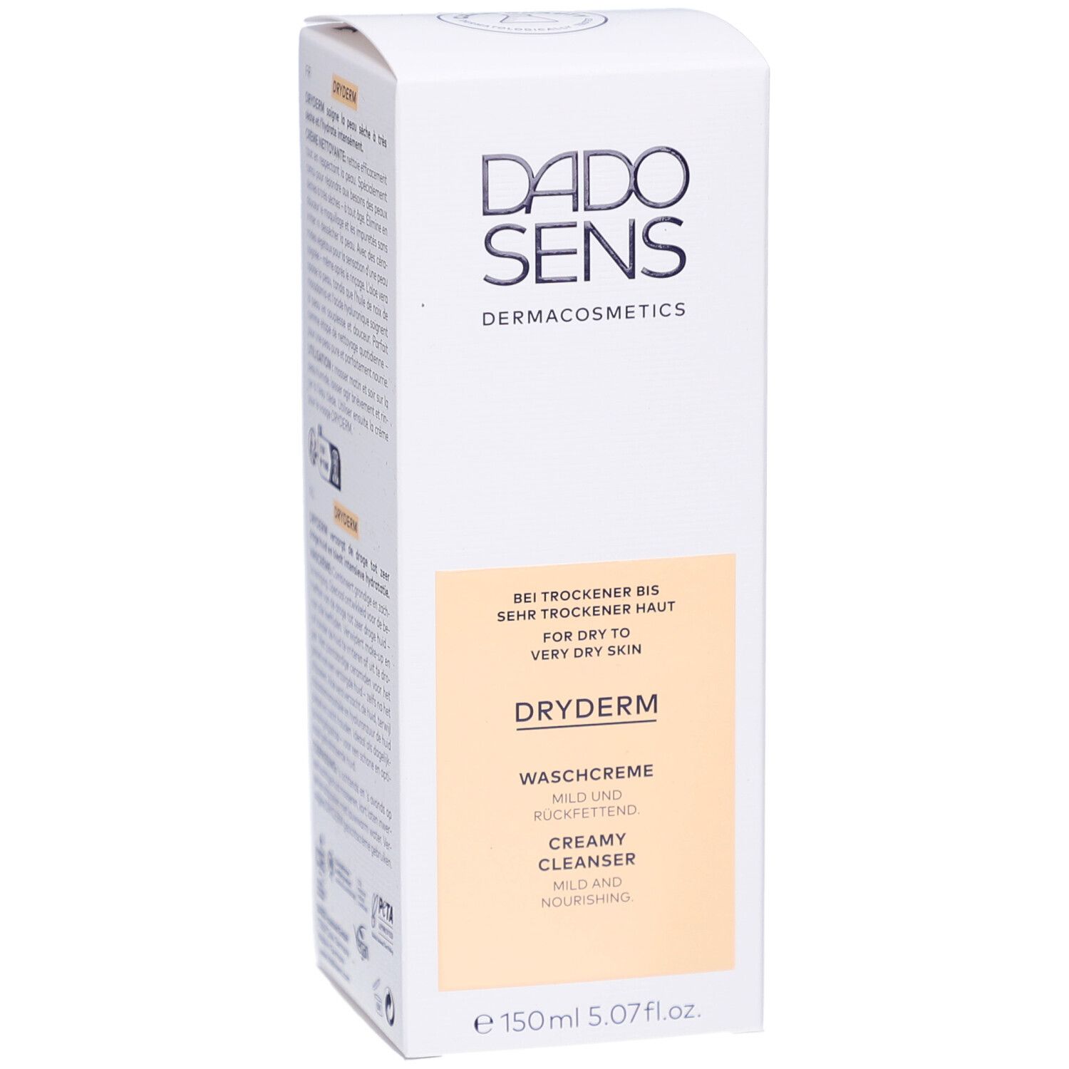Emballage blanc avec logo DADOSENS et inscription DRYDERM. Texte: Pour peaux sèches à très sèches. 150ml.