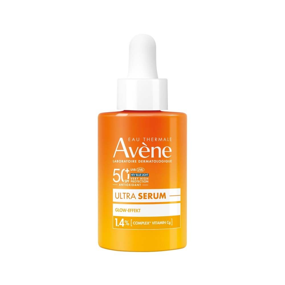 Avene Ultra Serum SPF 50+ Flasche. Orange-gelbes Serum mit Pipette. Text: 50+, Ultra Serum, Glow-Effekt, 1.4% Complex Vitamin Cg.