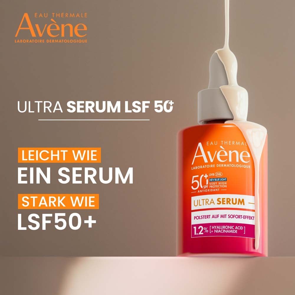 Flacon Avene Ultra Serum SPF 50+ avec sérum. Texte: Ultra Serum LSF 50. Léger comme un sérum, fort comme LSF50+.