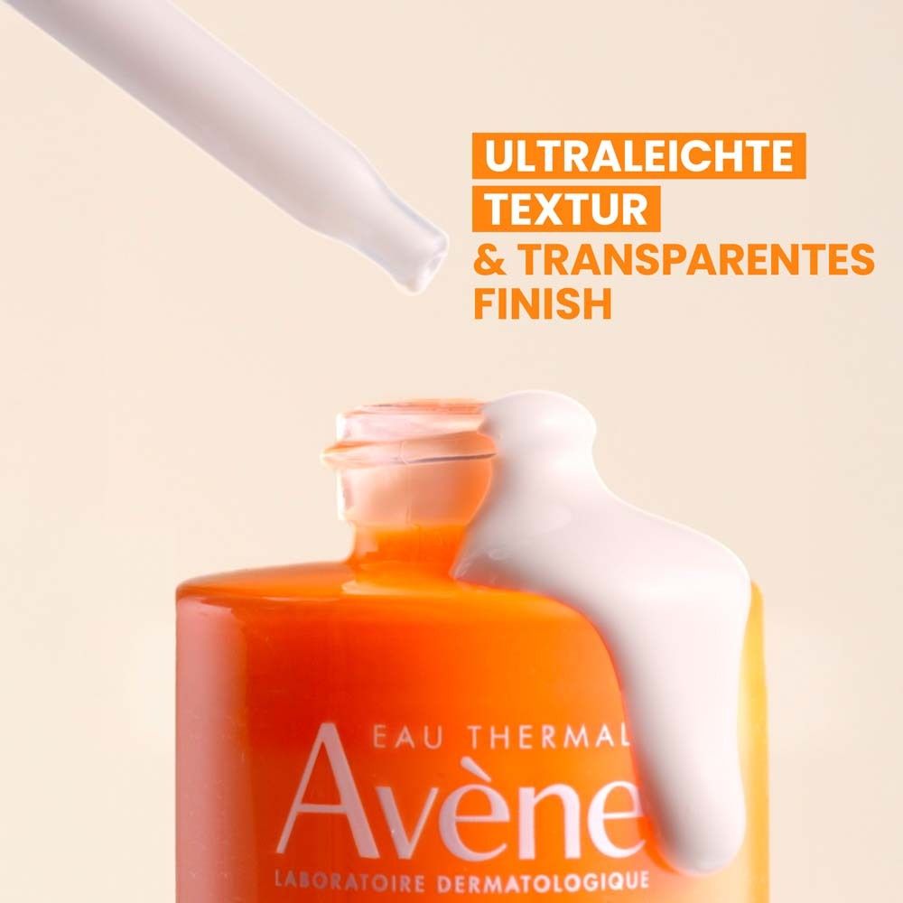 Avène Ultra Serum LSF 50+ Flasche mit Tropfen. Text: Ultraleichte Textur & transparentes Finish.